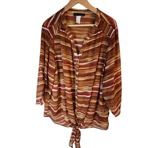 SARA MICHELLE Women's Brown and Yellow Semi Sheer Blouse with Tie Waist SZ 3X